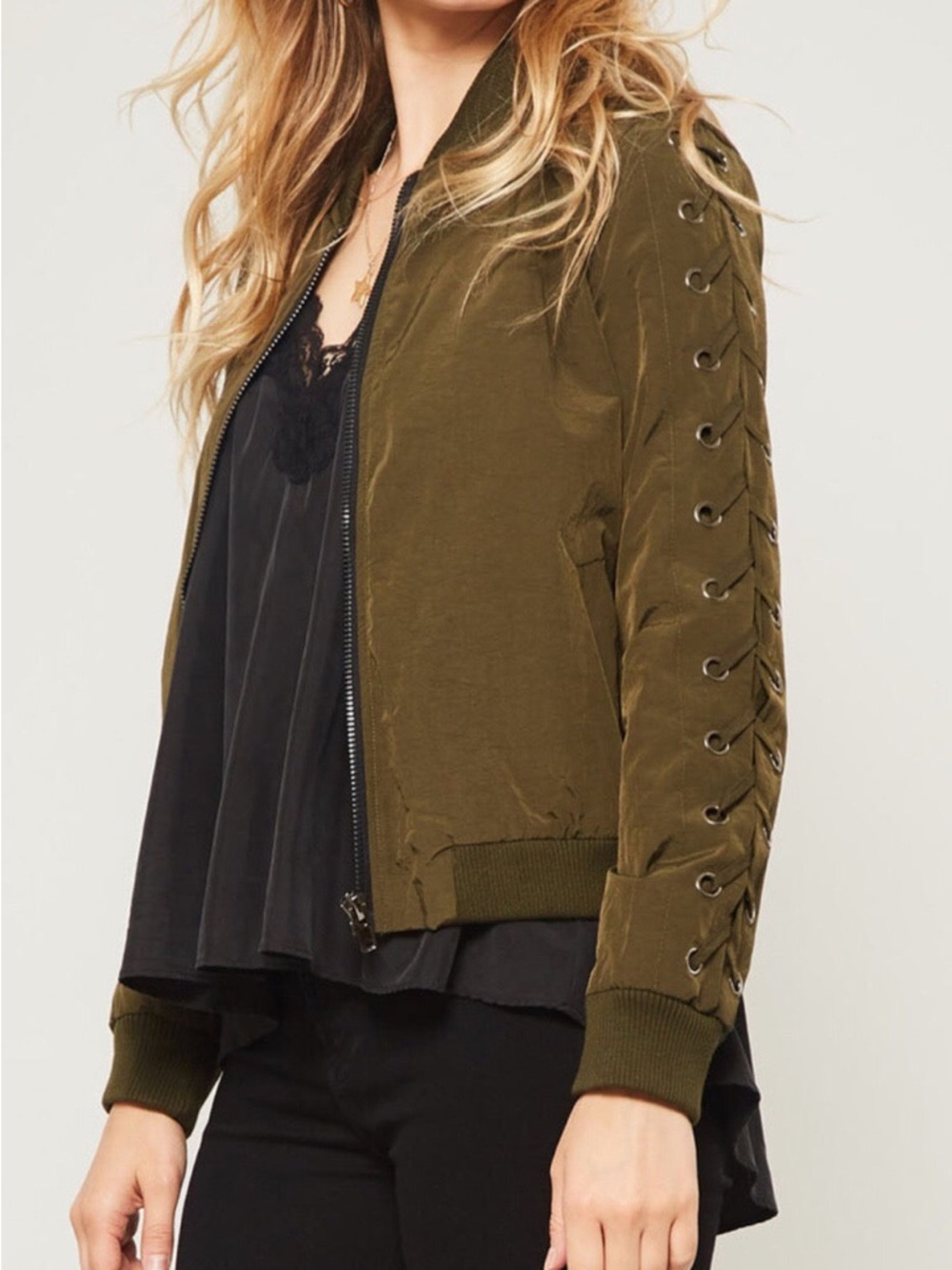 Hot & Delicious Olive Green Lace-Up Sleeve Bomber Jacket